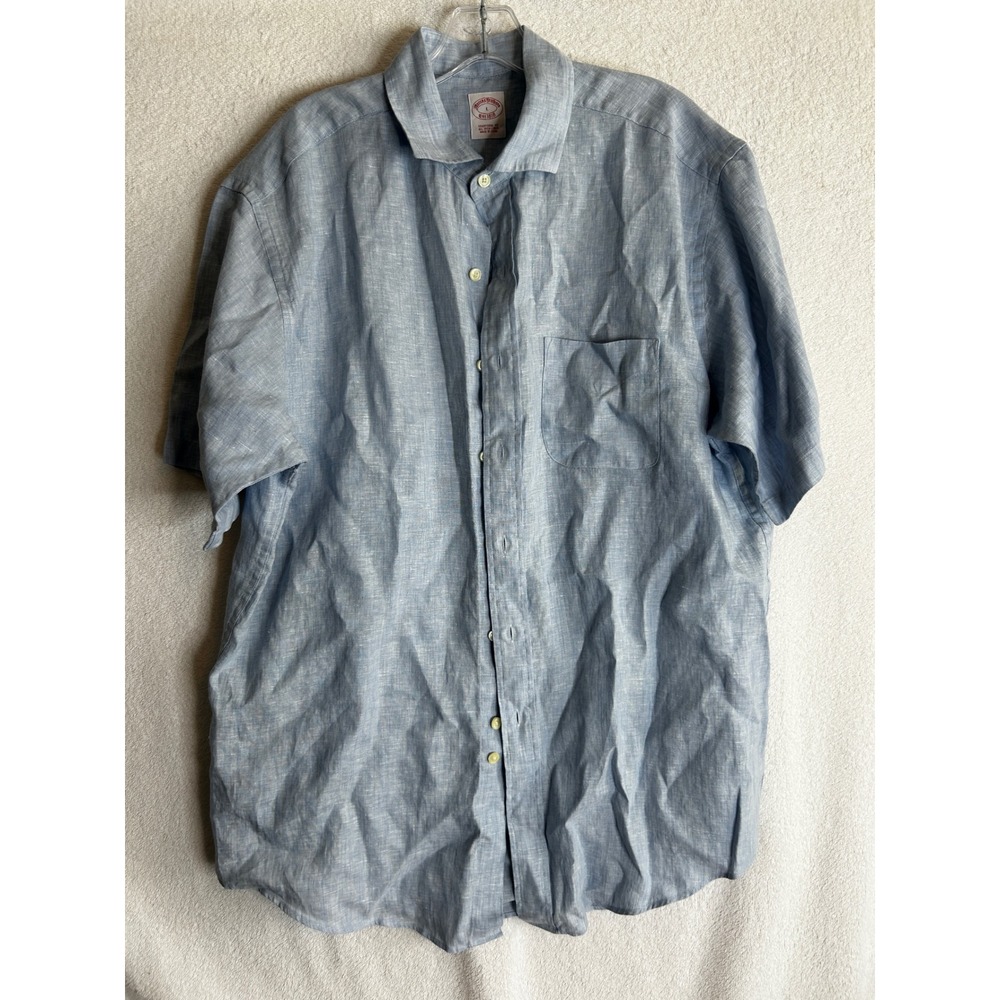 Brooks Brothers Mens Large Irish Linen Short Sleeve Button Down Shirt Blue Light